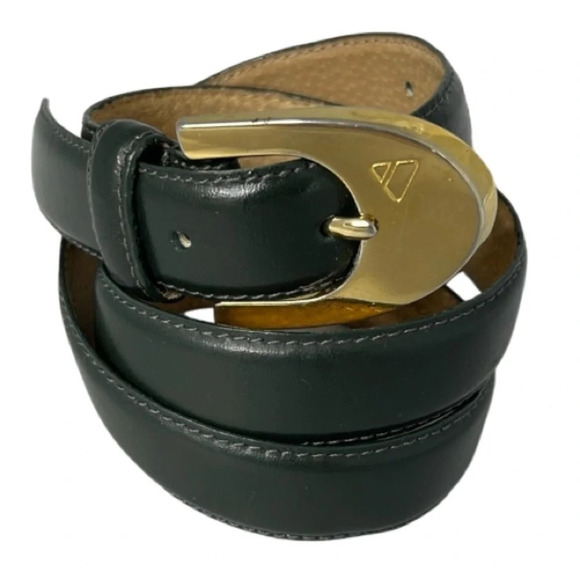 VINTAGE 90’s Liz Claiborne Fern Green Genuine Leather Belt Rubbed Gold Buckle M - Picture 2 of 11